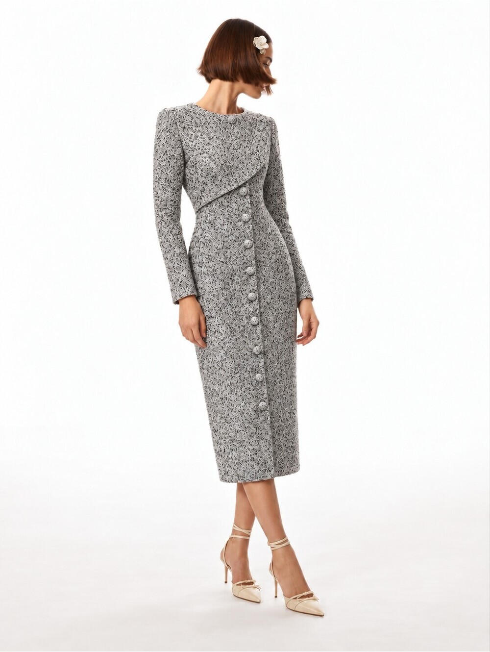 Badgley Mischka Silver Gray Speckled Long Sleeve Button Front Midi Dress Tweed 4
